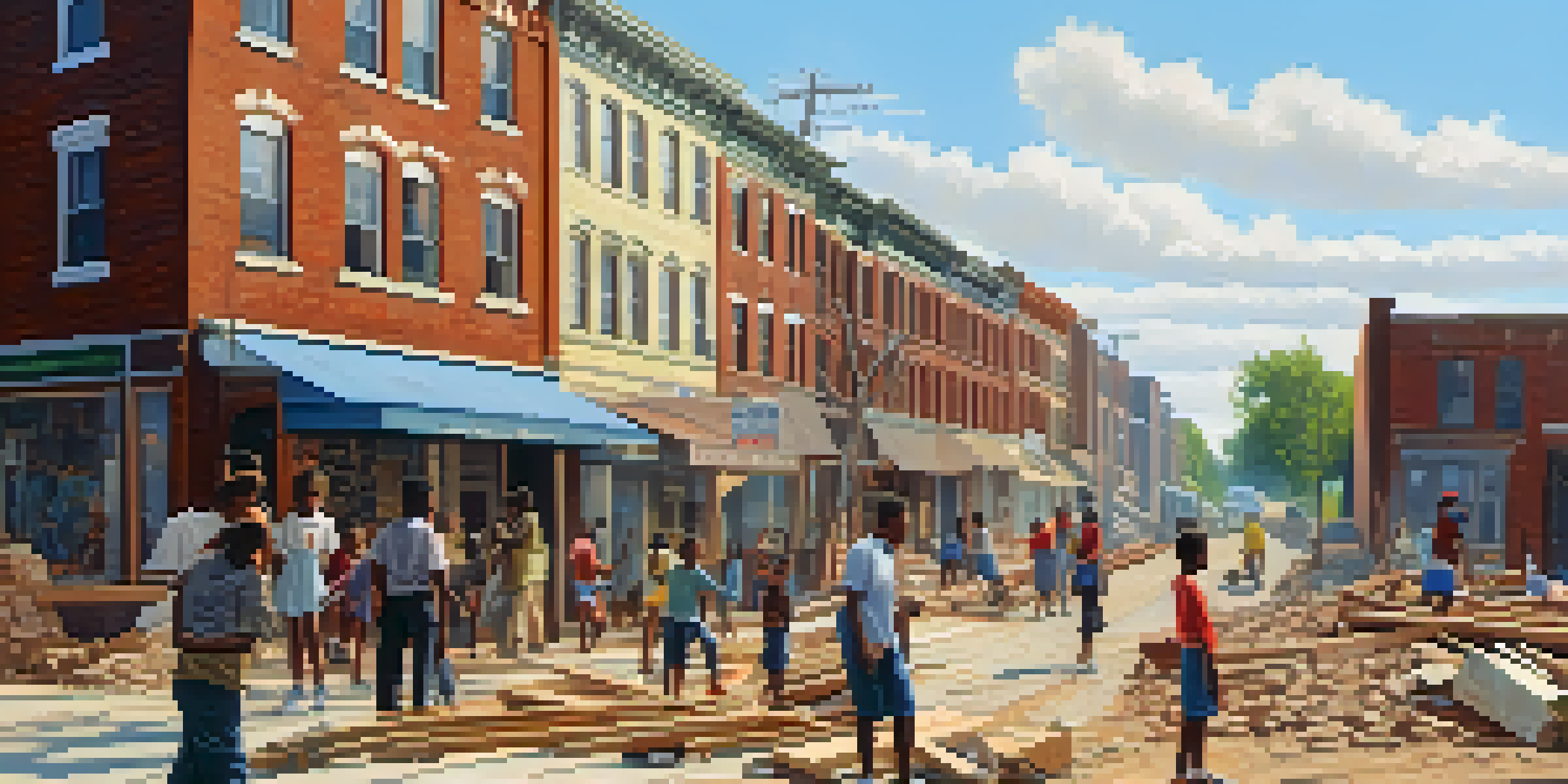 A diverse group of residents in post-Civil War Atlanta rebuilding their neighborhood, with children playing and a mural in the background.