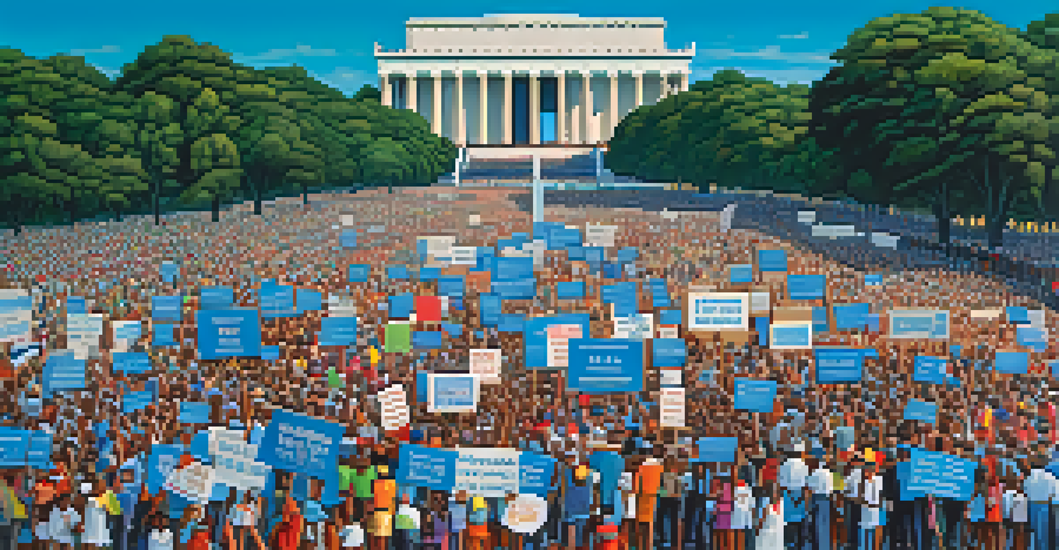 A large crowd at the March on Washington, holding signs for equality with the Lincoln Memorial in the background.
