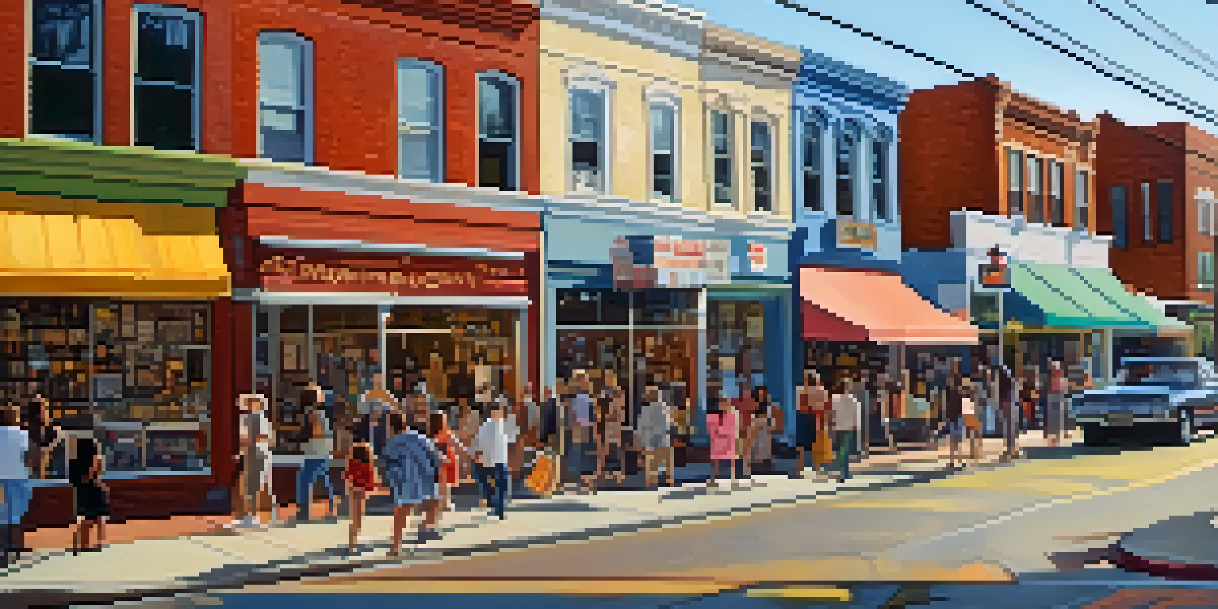 A busy street in Little Five Points with colorful murals and shoppers exploring unique shops, accompanied by musicians performing nearby.