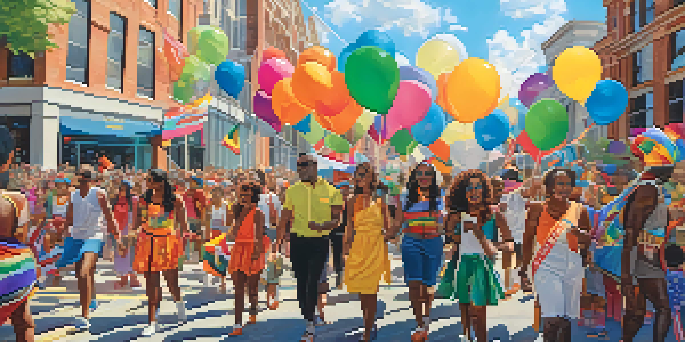 A colorful Atlanta Pride Parade with diverse participants celebrating together against a backdrop of Atlanta's architecture.