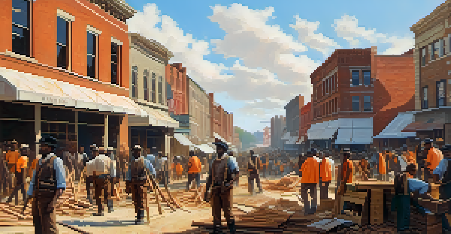 A depiction of post-Civil War Atlanta, illustrating citizens rebuilding the city amidst partially destroyed buildings.