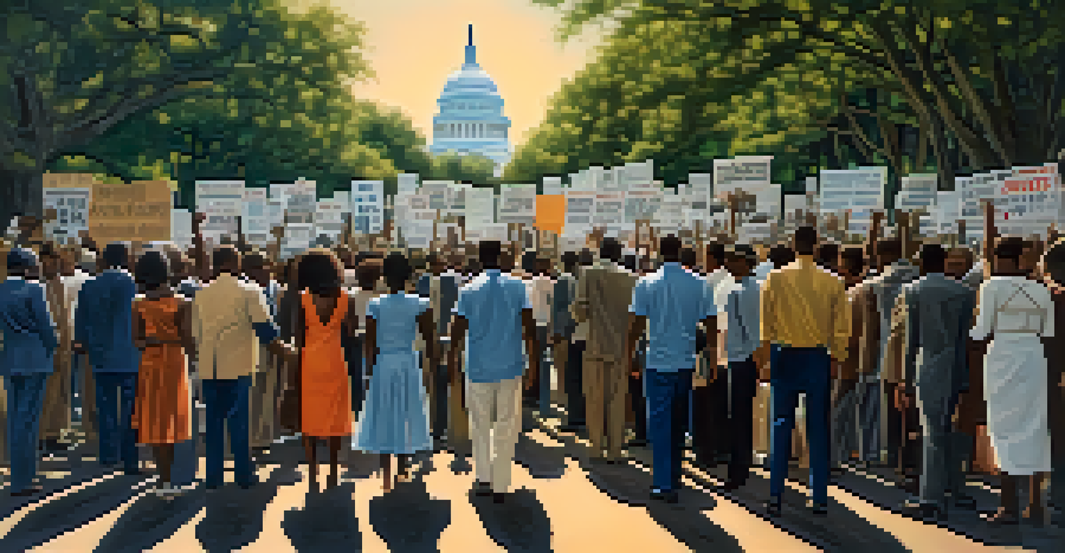 A diverse group of activists peacefully protesting for civil rights in the 1960s, with signs and iconic landmarks in the background.