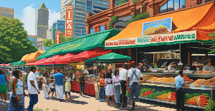A bustling food market in Atlanta showcasing various international food stalls with colorful banners, chefs preparing dishes, and diverse people enjoying food.