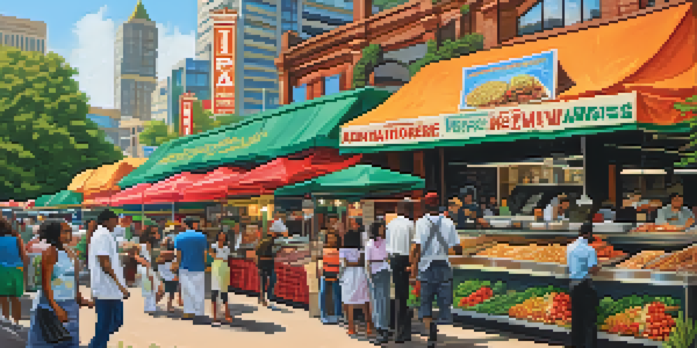 A bustling food market in Atlanta showcasing various international food stalls with colorful banners, chefs preparing dishes, and diverse people enjoying food.