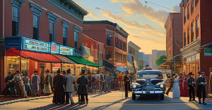 A lively street in Atlanta with a film set, actors in costumes, and film crew members working.