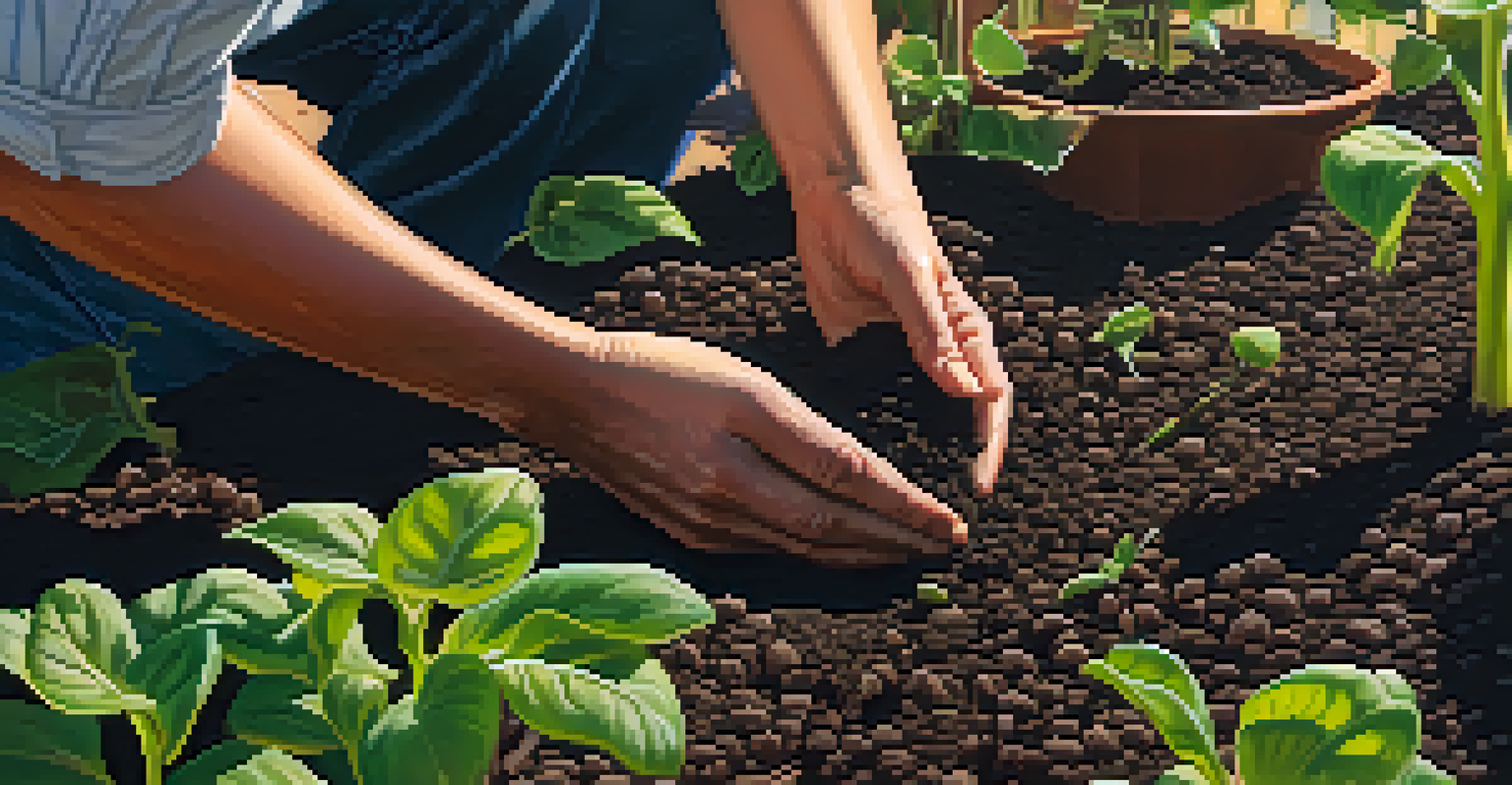 Close-up of hands planting seeds in dark soil in a community garden, highlighting the texture and vibrant seedlings.