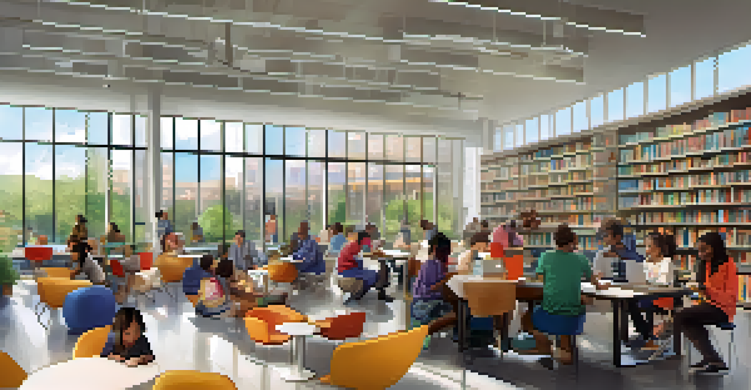 Inside a modern library with bright interiors, large windows, colorful bookshelves, and patrons engaged in reading and a digital literacy workshop.