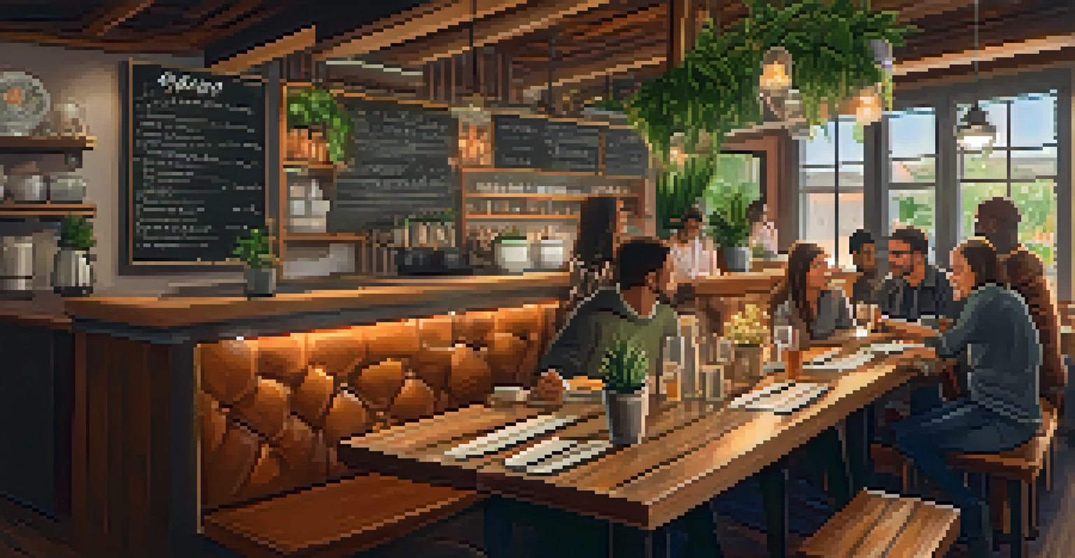 A modern vegan restaurant interior with wooden accents and plants, featuring a large chalkboard menu and patrons dining together.