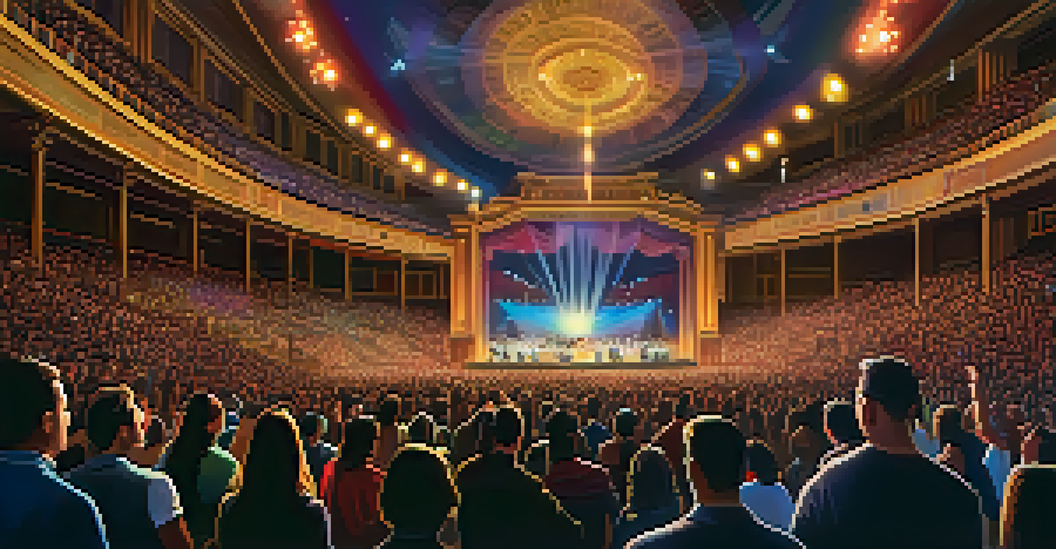 An energetic concert inside the Tabernacle, with a diverse audience enjoying the performance and colorful stage lights.