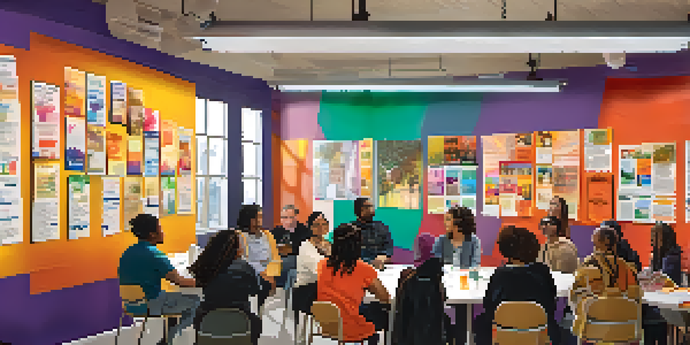 A community workshop with diverse attendees discussing opioid awareness, surrounded by colorful educational posters.