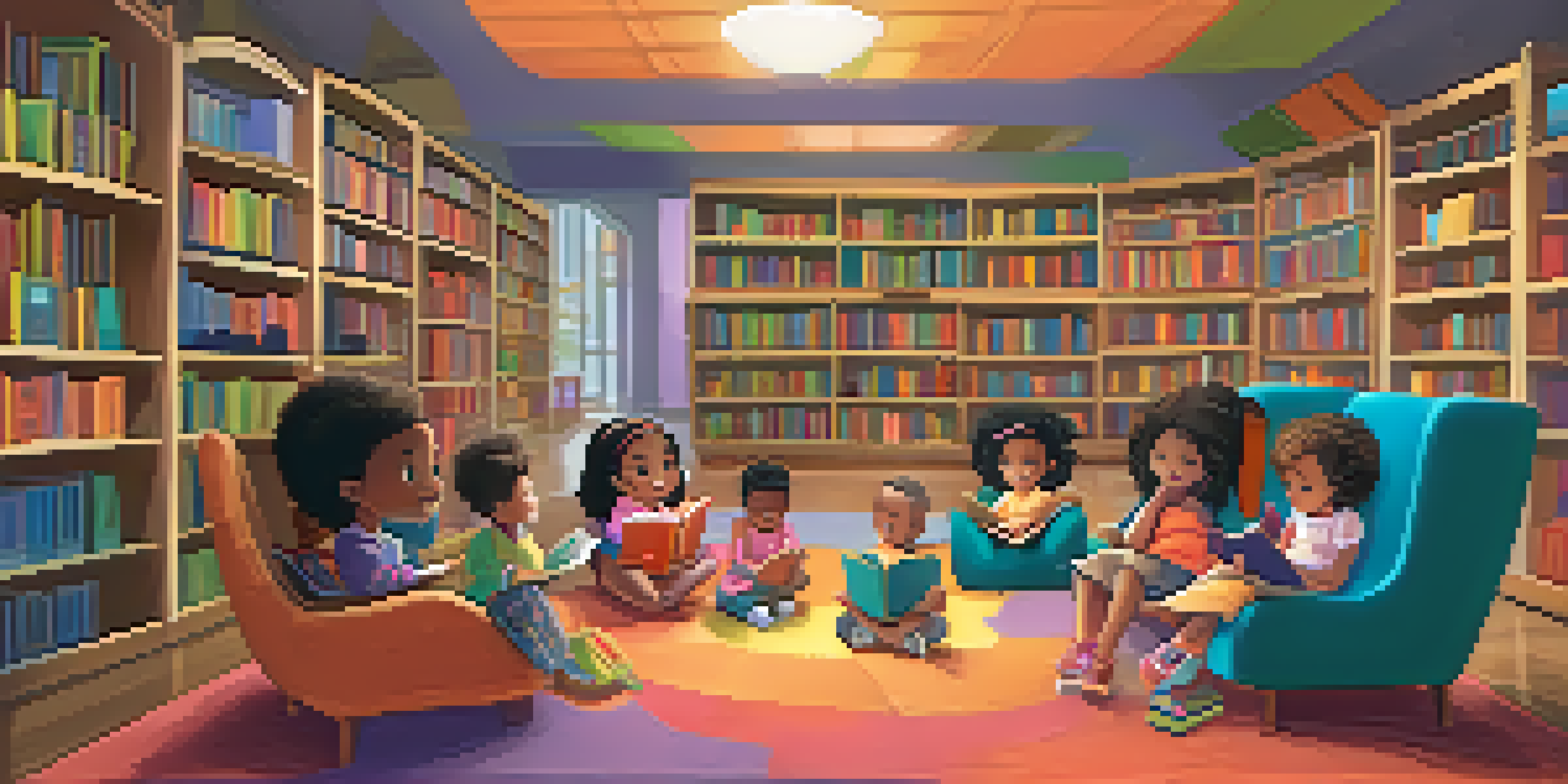 A lively storytime session in a library with children engaged in a story told by a librarian, surrounded by colorful books and cozy decor.