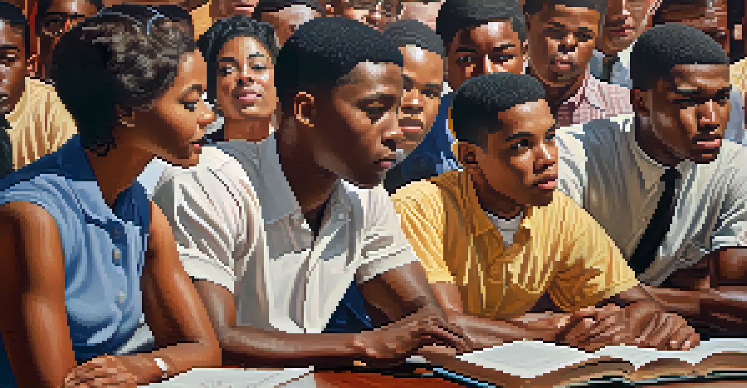 A close-up of diverse students at Morehouse College engaged in a passionate discussion about civil rights, surrounded by books and historical posters.