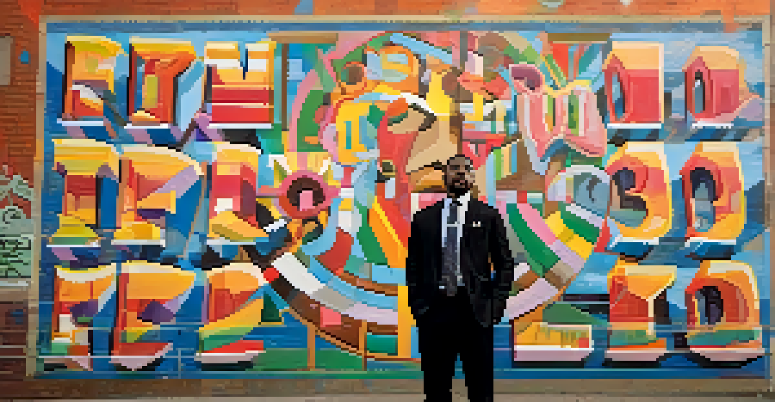 A young activist in front of a colorful mural of Martin Luther King Jr., holding a sign that says 'Equality for All', set in bright daylight.