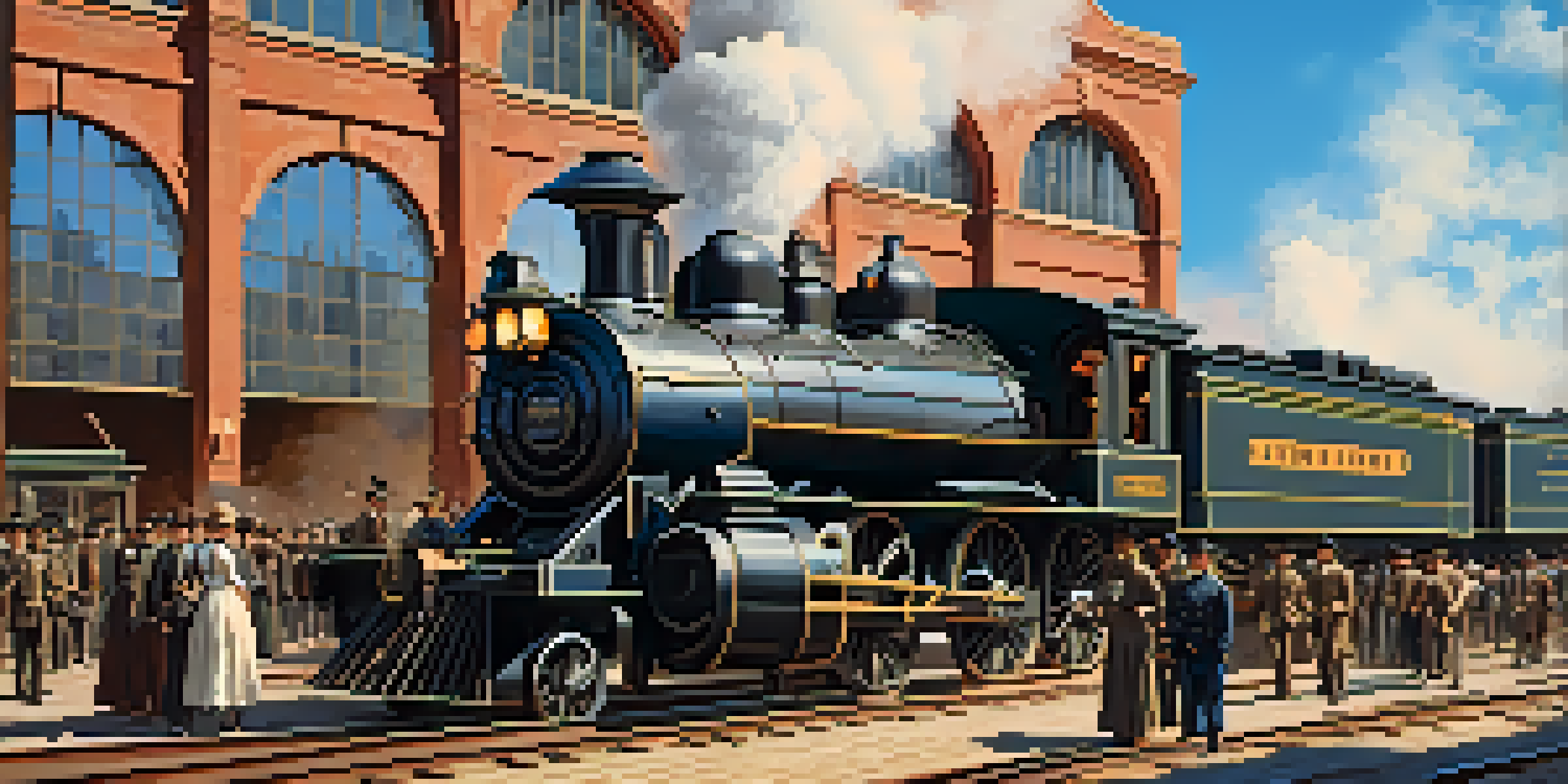 A historical Atlanta train station from the 1860s, featuring soldiers and civilians amidst busy railroad activity.