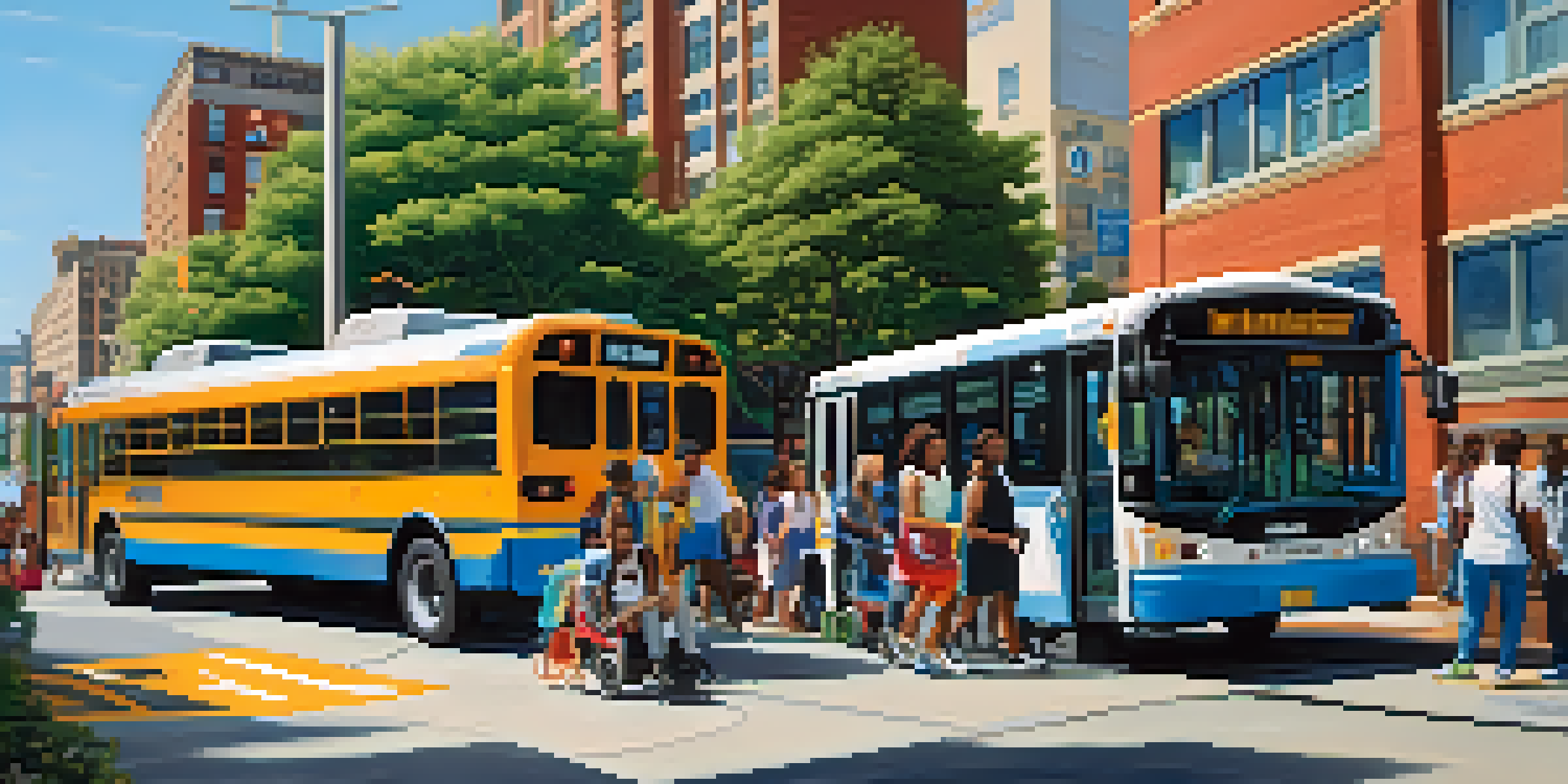 A public transit bus with a ramp at a bus stop in Atlanta, with people including a person in a wheelchair and a family with a stroller boarding the bus.