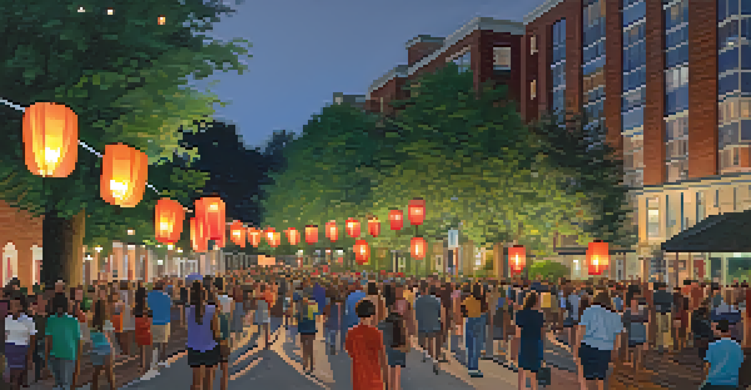 Participants in the Atlanta BeltLine Lantern Parade carrying colorful handmade lanterns, illuminating the path at dusk and creating a festive atmosphere.