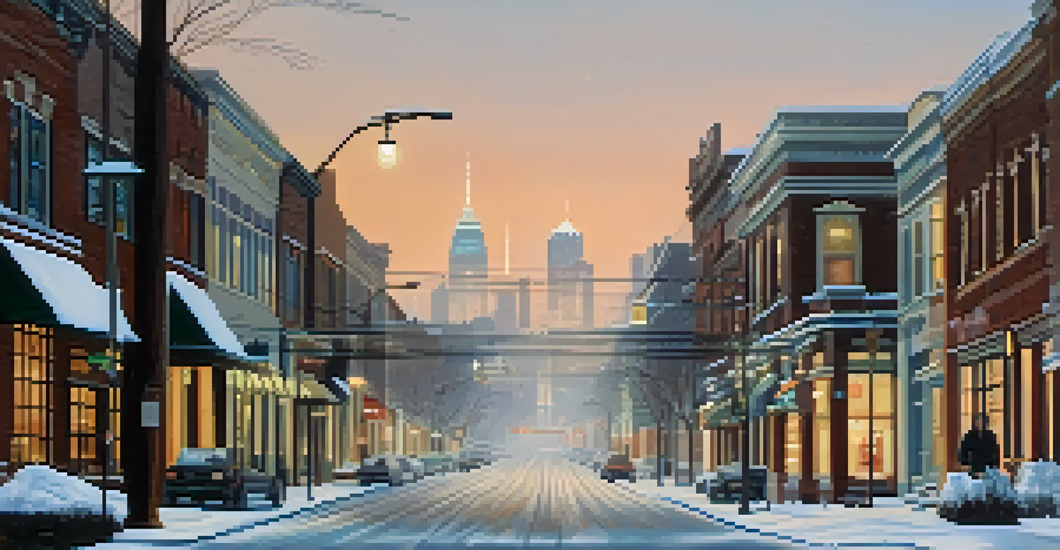 A close-up view of a snow-covered street in Atlanta with pedestrians walking, illuminated streetlights, and the city skyline in the background.