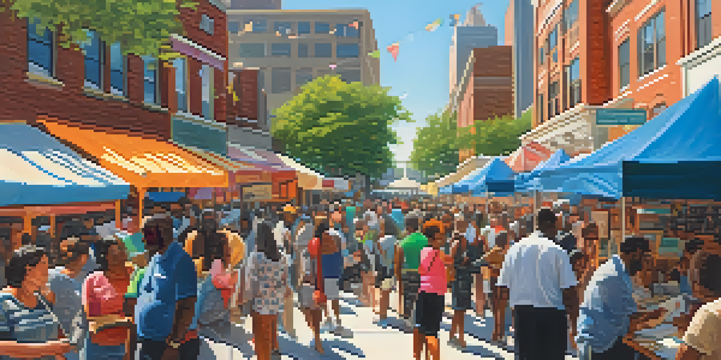 A lively street scene during a literary festival in Atlanta, with authors, books, and a diverse crowd enjoying the event.