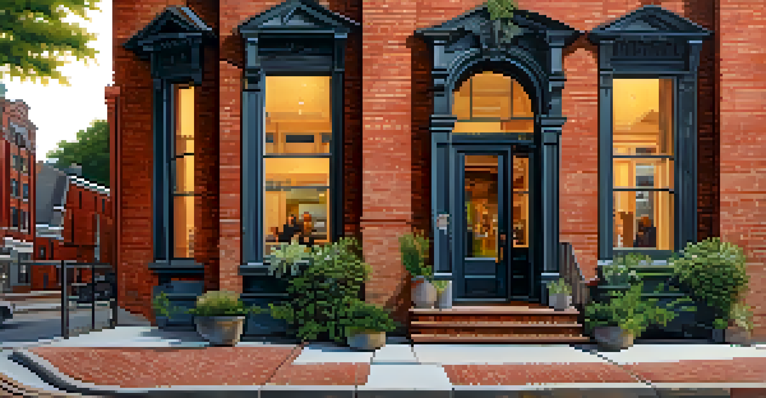 A historic building in Cabbagetown turned into an art gallery, featuring original brick and contemporary art installations, with people coming and going at sunset.