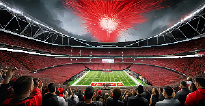 Crowd of enthusiastic fans dressed in black and red at Mercedes-Benz Stadium during a football game, with bright lights and team logos.