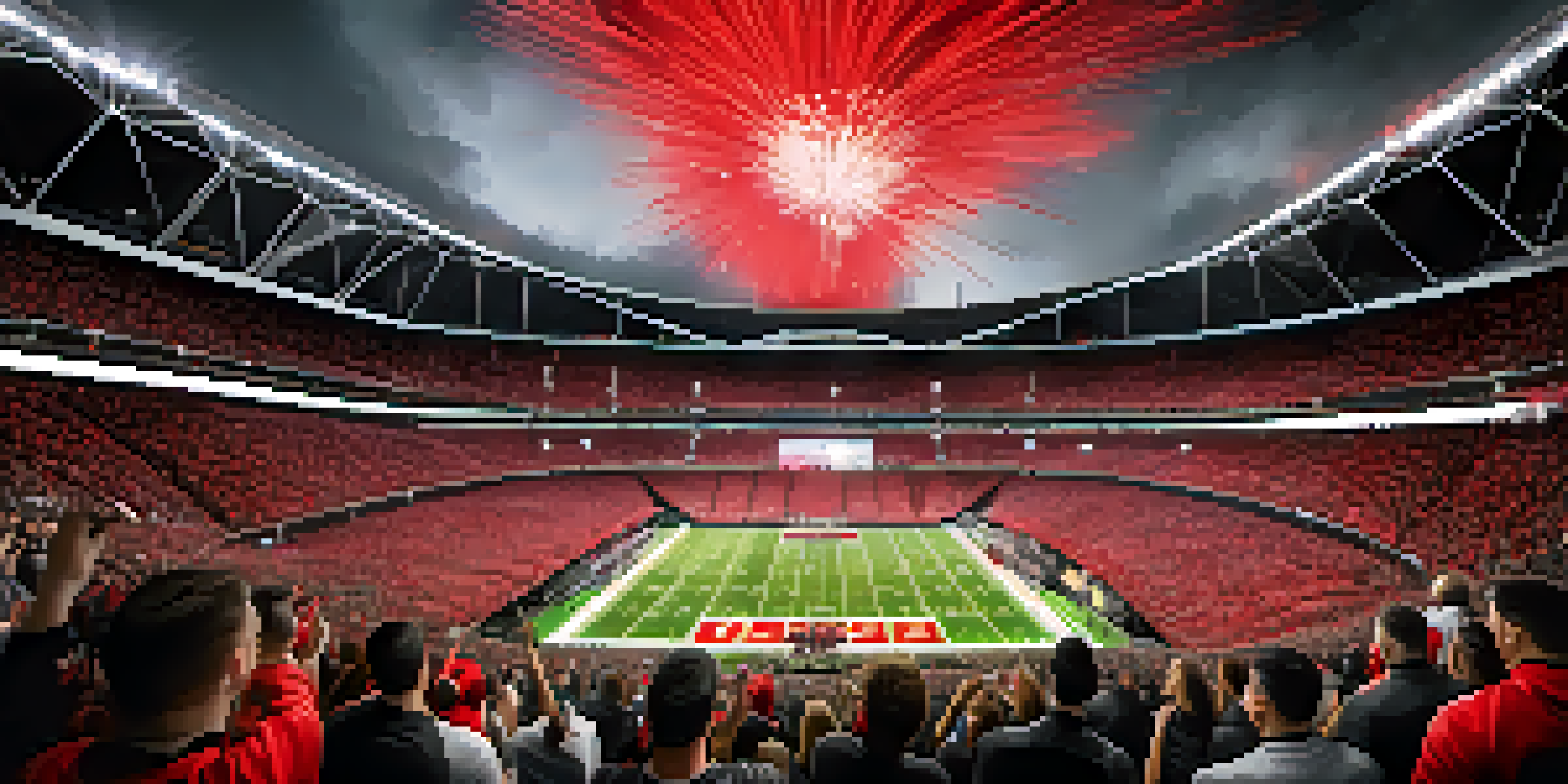 Crowd of enthusiastic fans dressed in black and red at Mercedes-Benz Stadium during a football game, with bright lights and team logos.