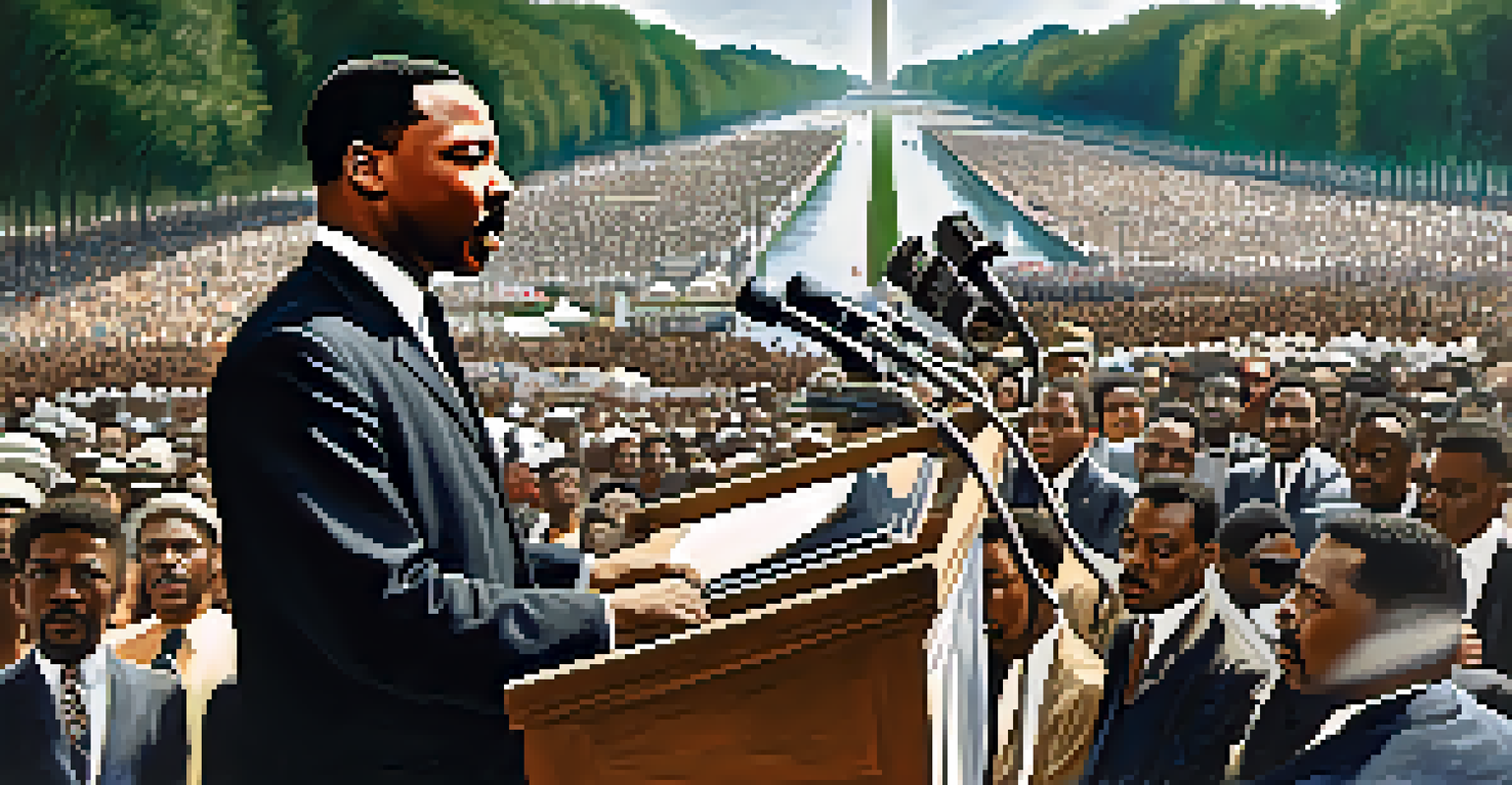 Dr. Martin Luther King Jr. speaks passionately at the March on Washington, surrounded by a captivated crowd.