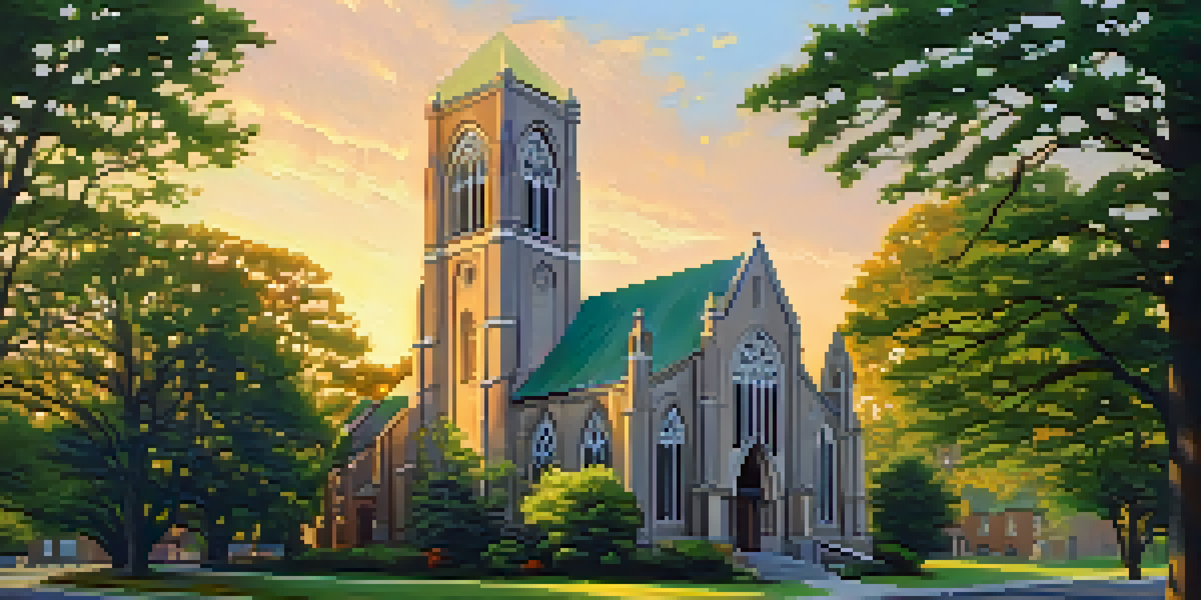 A historic church in Atlanta with Gothic Revival architecture, illuminated by golden hour sunlight, surrounded by green trees.