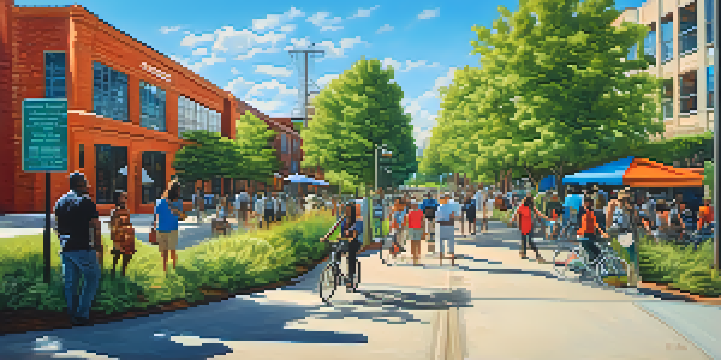 A bustling street along the Atlanta BeltLine featuring art installations and historical markers with people enjoying outdoor activities.