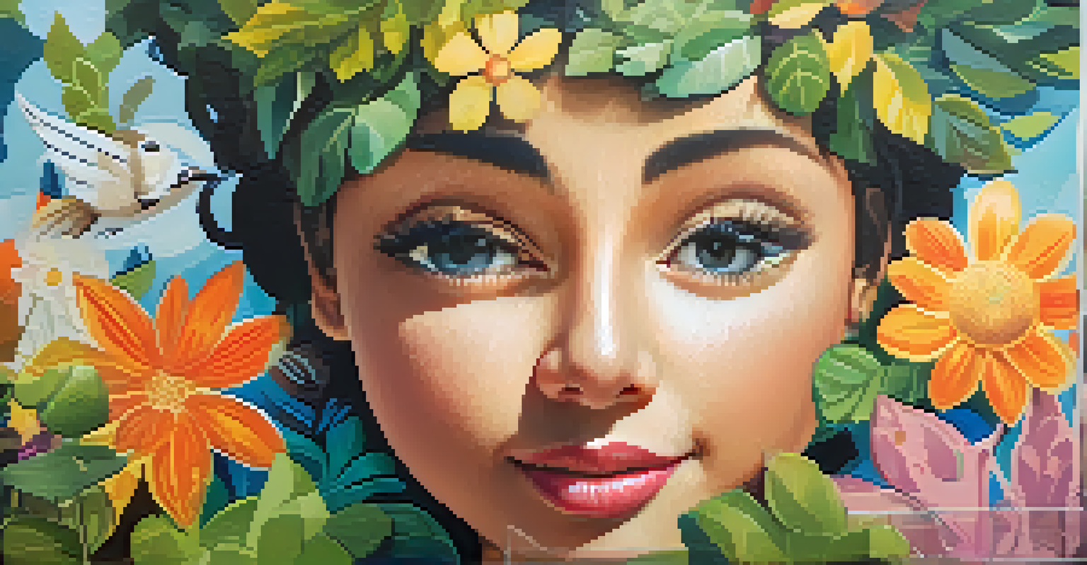 A close-up view of a playful character from a mural with vibrant colors, surrounded by flowers and leaves.