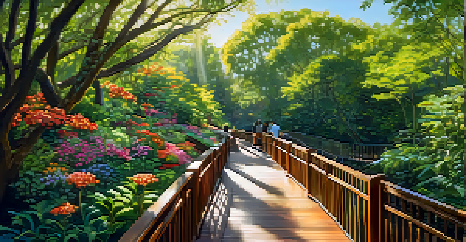 Visitors walking on the Canopy Walk in the Atlanta Botanical Garden, surrounded by greenery and sunlight filtering through the trees.