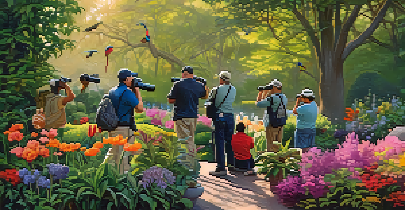 A group of birdwatchers in the Atlanta Botanical Garden, observing birds amidst colorful flowers and trees in morning light.