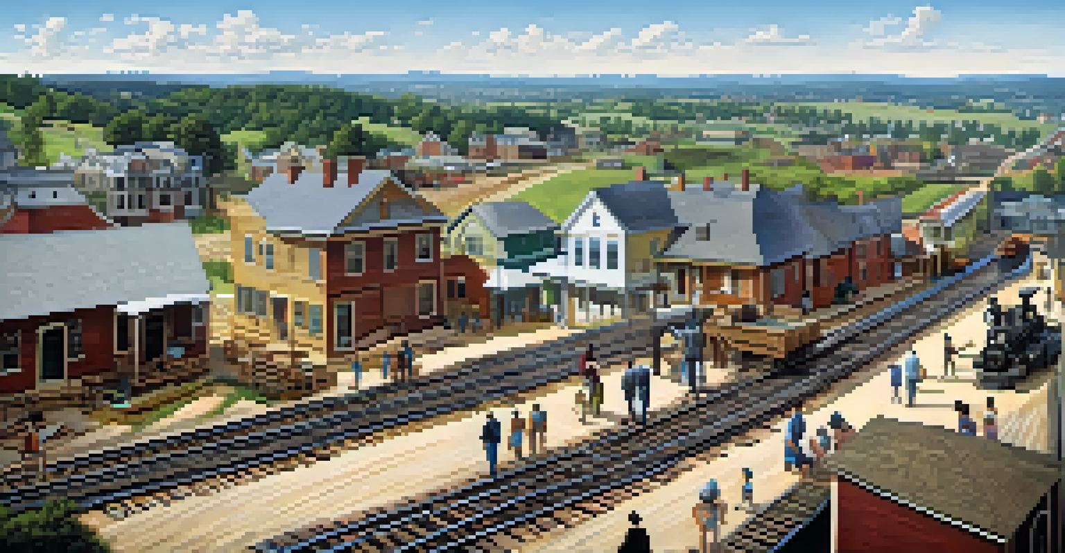 A panoramic view of early Atlanta showcasing railroad tracks and families moving into new homes.