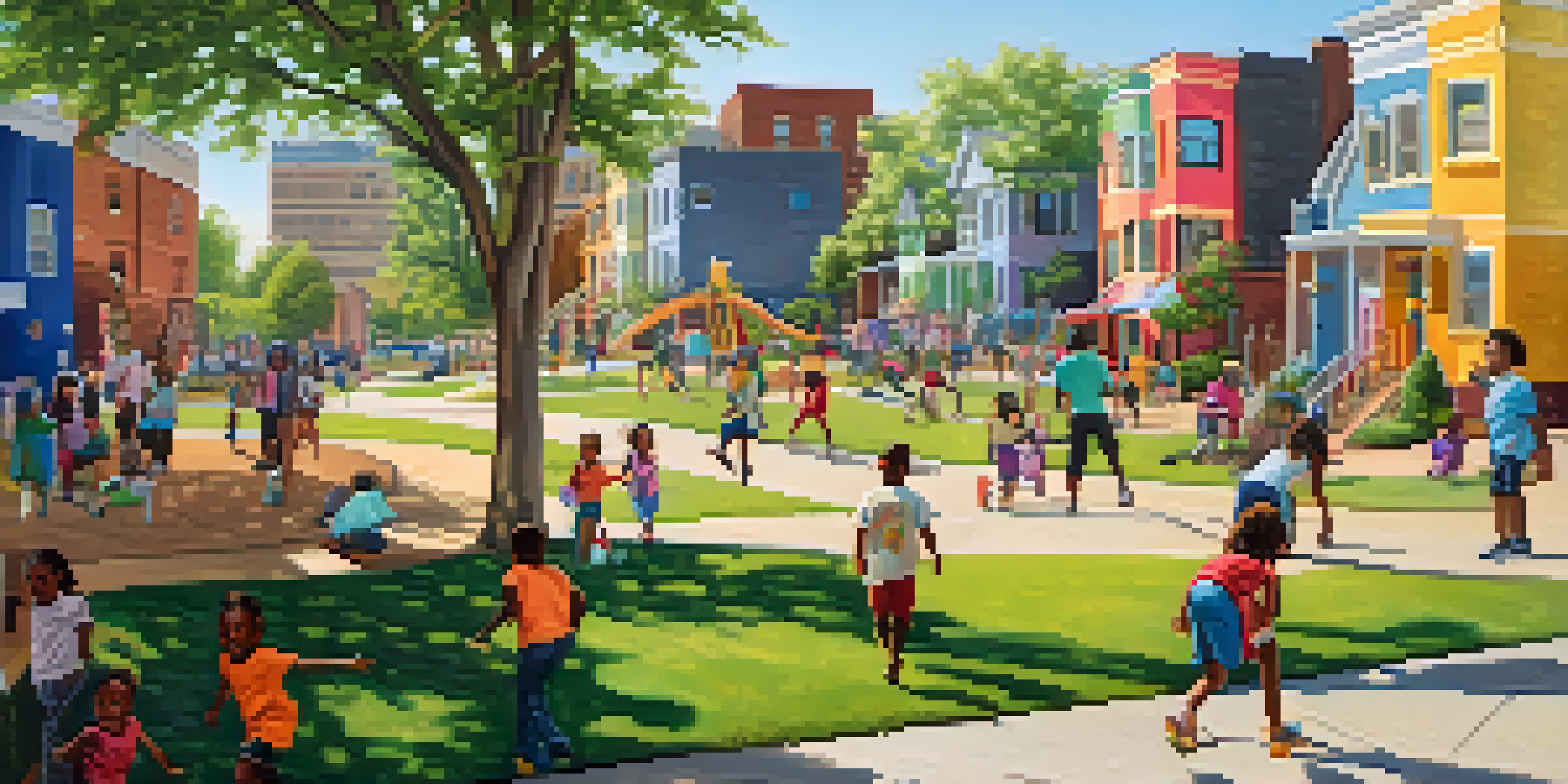 A lively park in Atlanta with families and children playing, surrounded by colorful murals and blooming flowers under the sunlight.