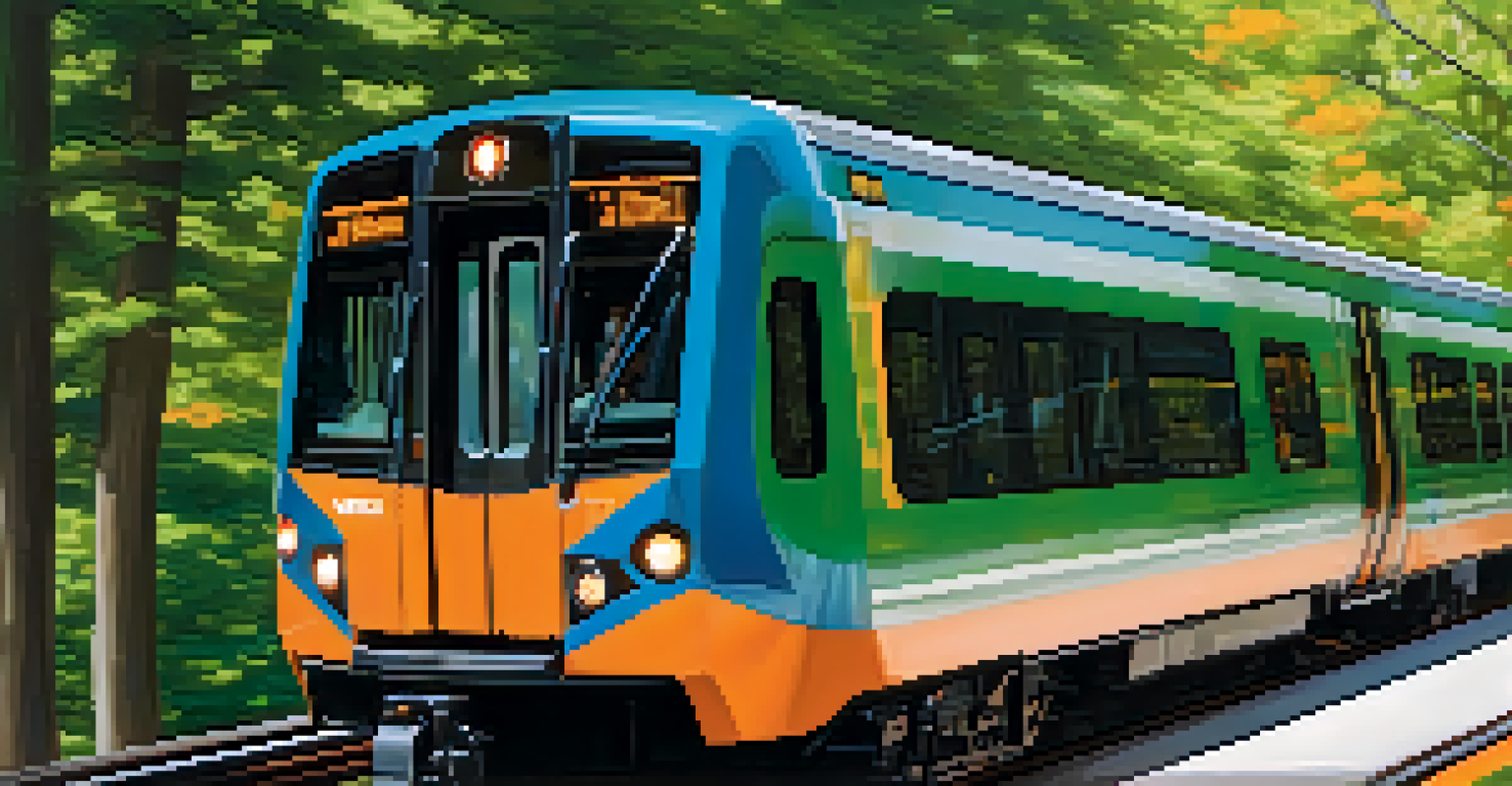A close-up of a MARTA train speeding through a green urban setting, featuring its distinctive blue and orange colors, emphasizing the importance of public transportation.