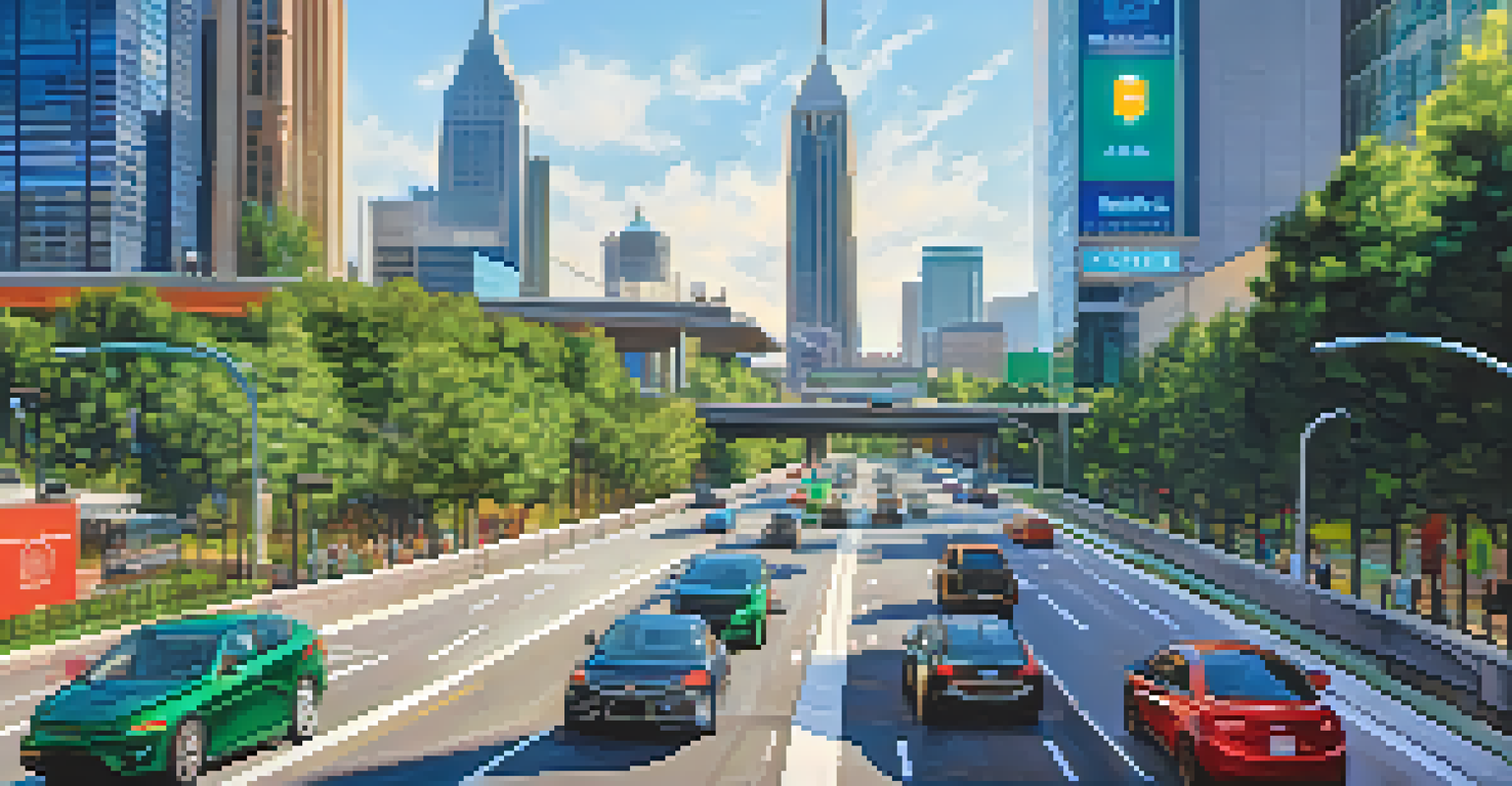 A contemporary image of Atlanta's highways with smart traffic technology and a city skyline, emphasizing green spaces.