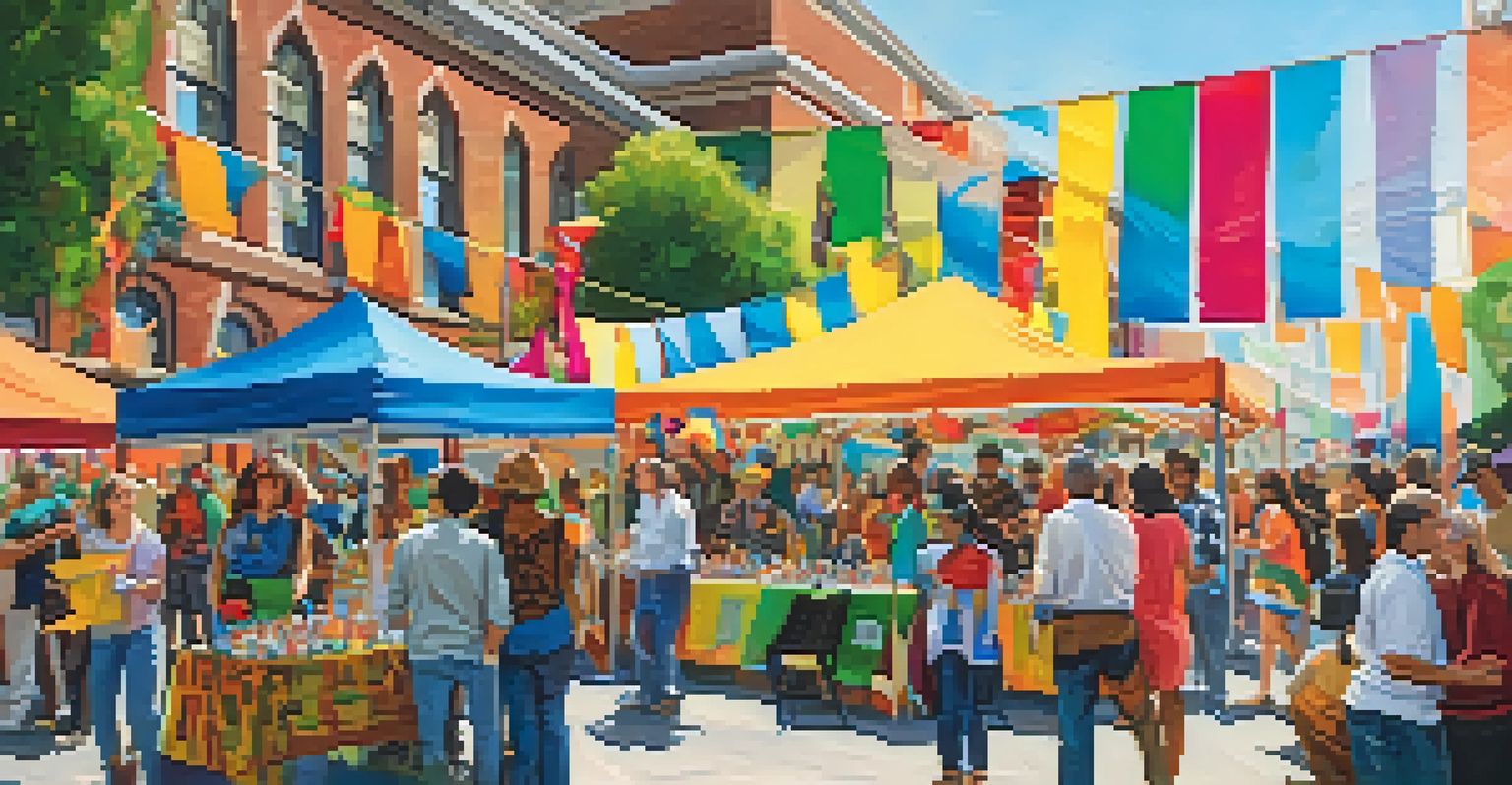 A lively Arts and Culture Festival at a university with local artists, music performances, and community members enjoying the event.