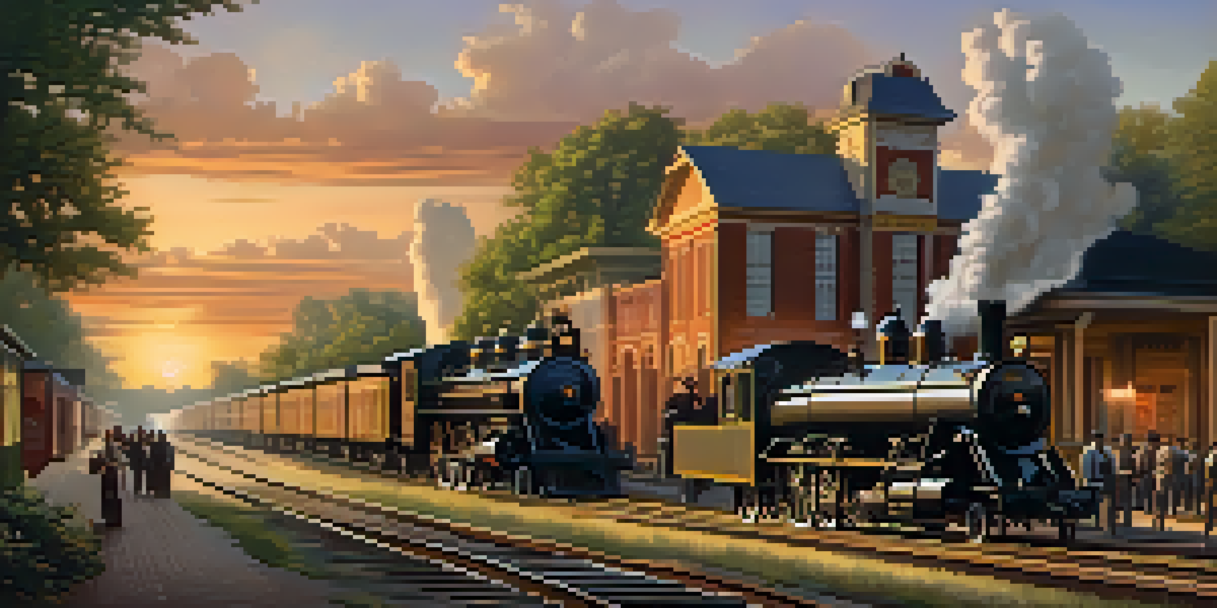 A historical depiction of Atlanta in the 1830s with steam locomotives and settlers at a railroad terminus.