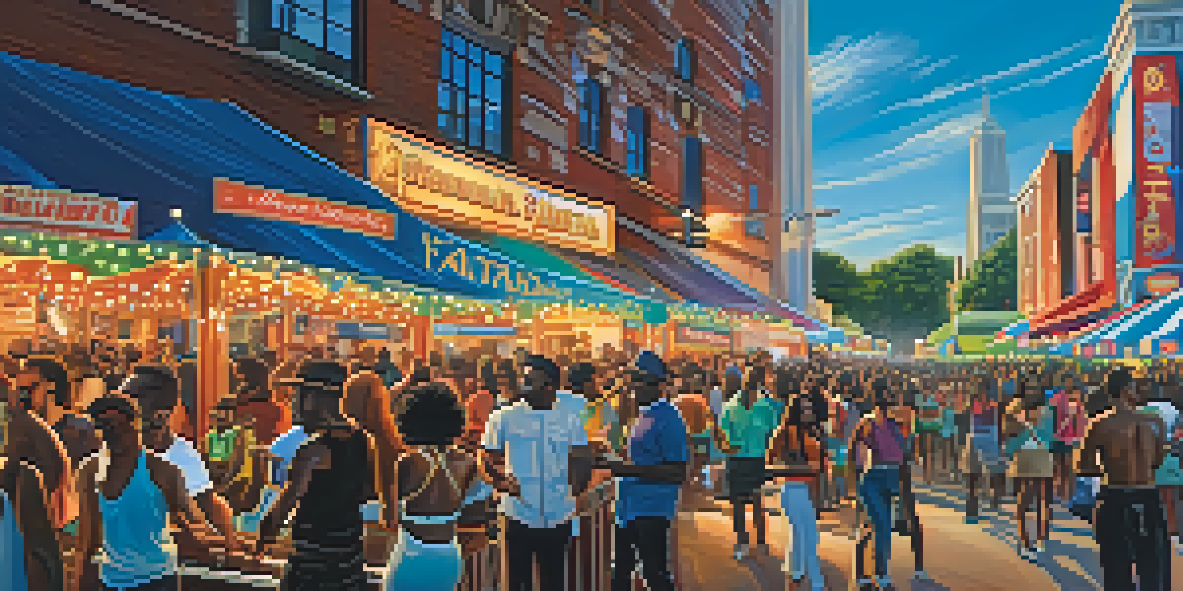 A lively music festival in Atlanta with diverse crowds and musicians performing on stage, colorful banners and lights in a clear blue sky.