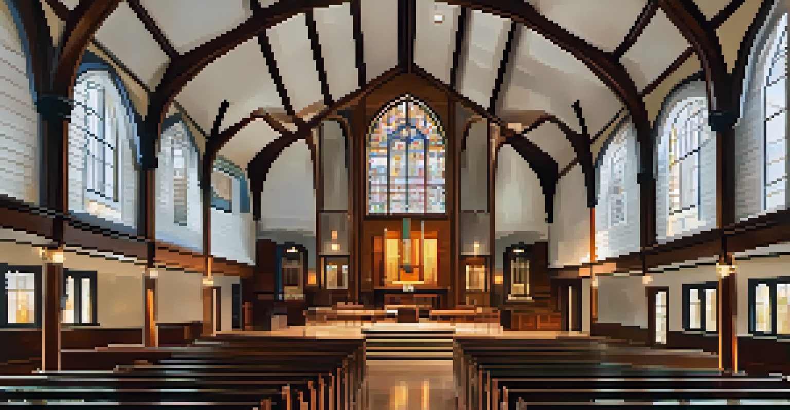 The serene interior of Ebenezer Baptist Church in Atlanta, featuring stained glass windows and wooden pews.