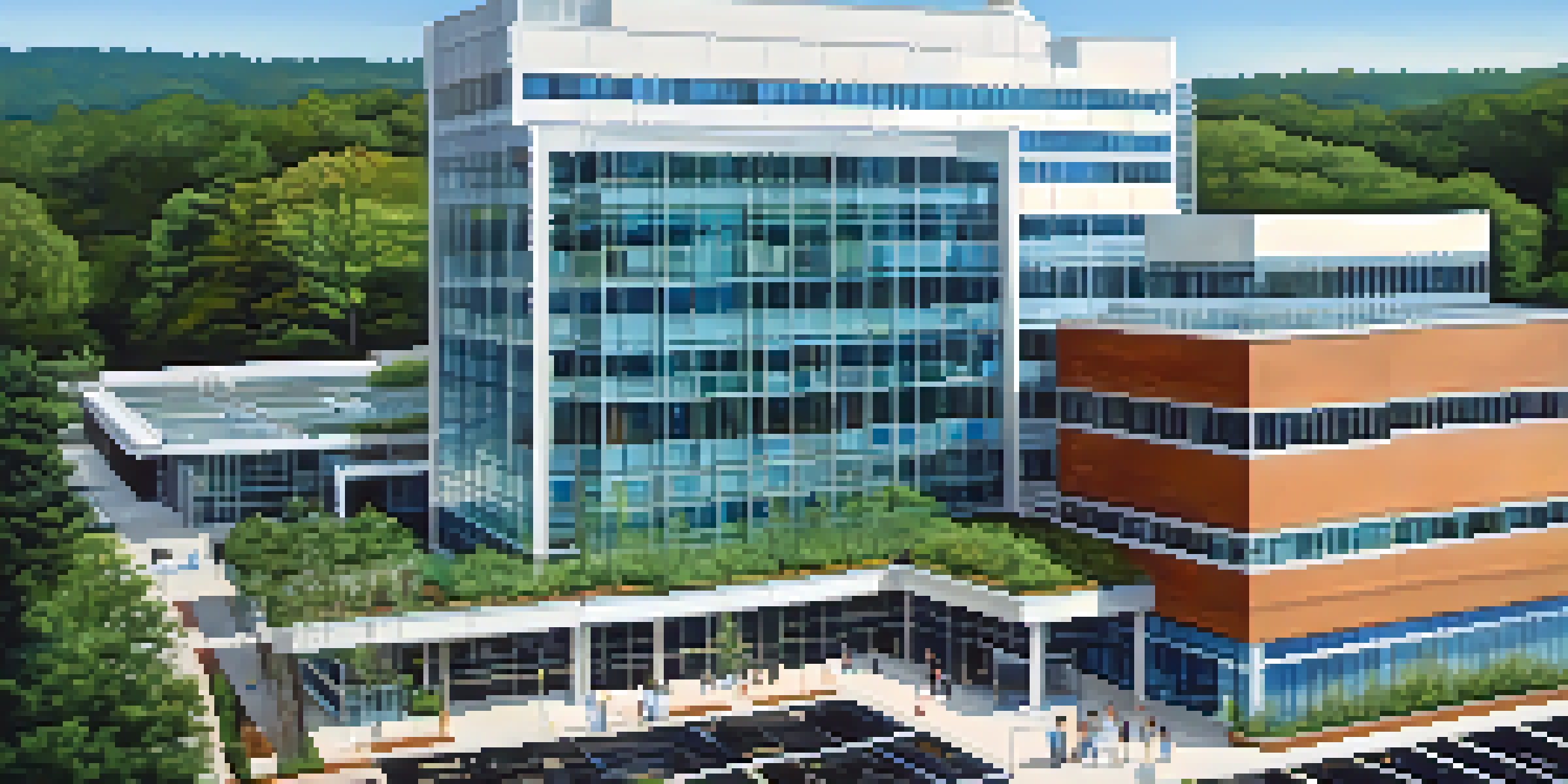 A modern healthcare facility in Atlanta with people entering and exiting, surrounded by greenery and a clear blue sky.