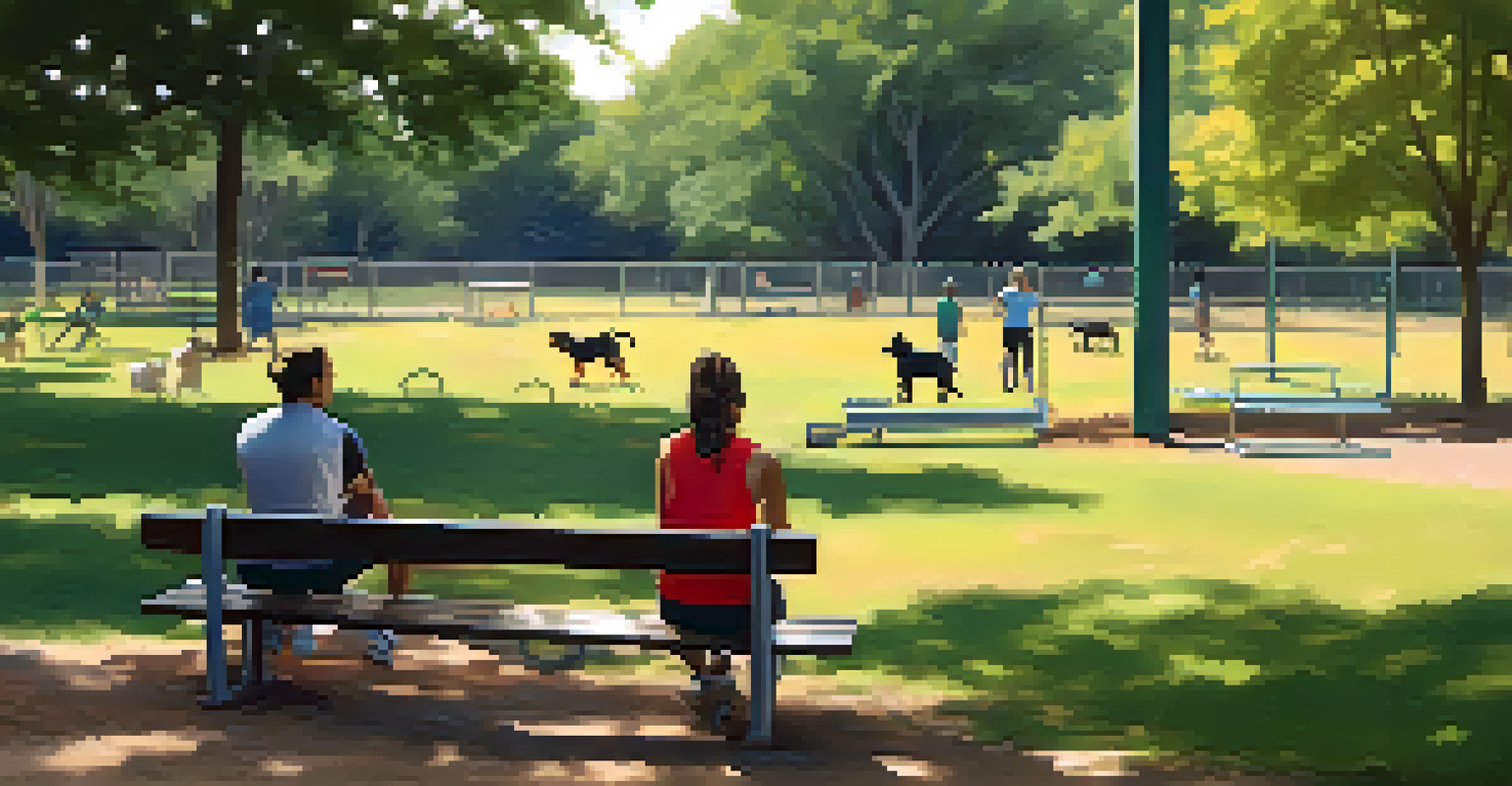 A calm dog park scene with a dog training on agility equipment, shaded by trees, and an owner sitting on a bench nearby.