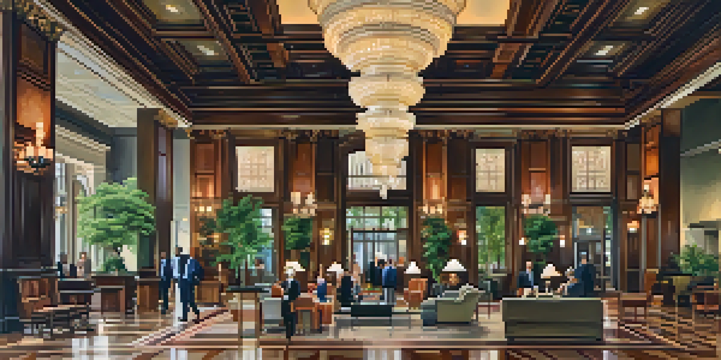 A luxurious hotel lobby featuring detailed woodwork and chandeliers, with elegantly dressed guests interacting in a warm and inviting setting.