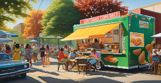 A busy Atlanta street with a food truck serving Southern comfort food, people enjoying their meals, and a sunny atmosphere.
