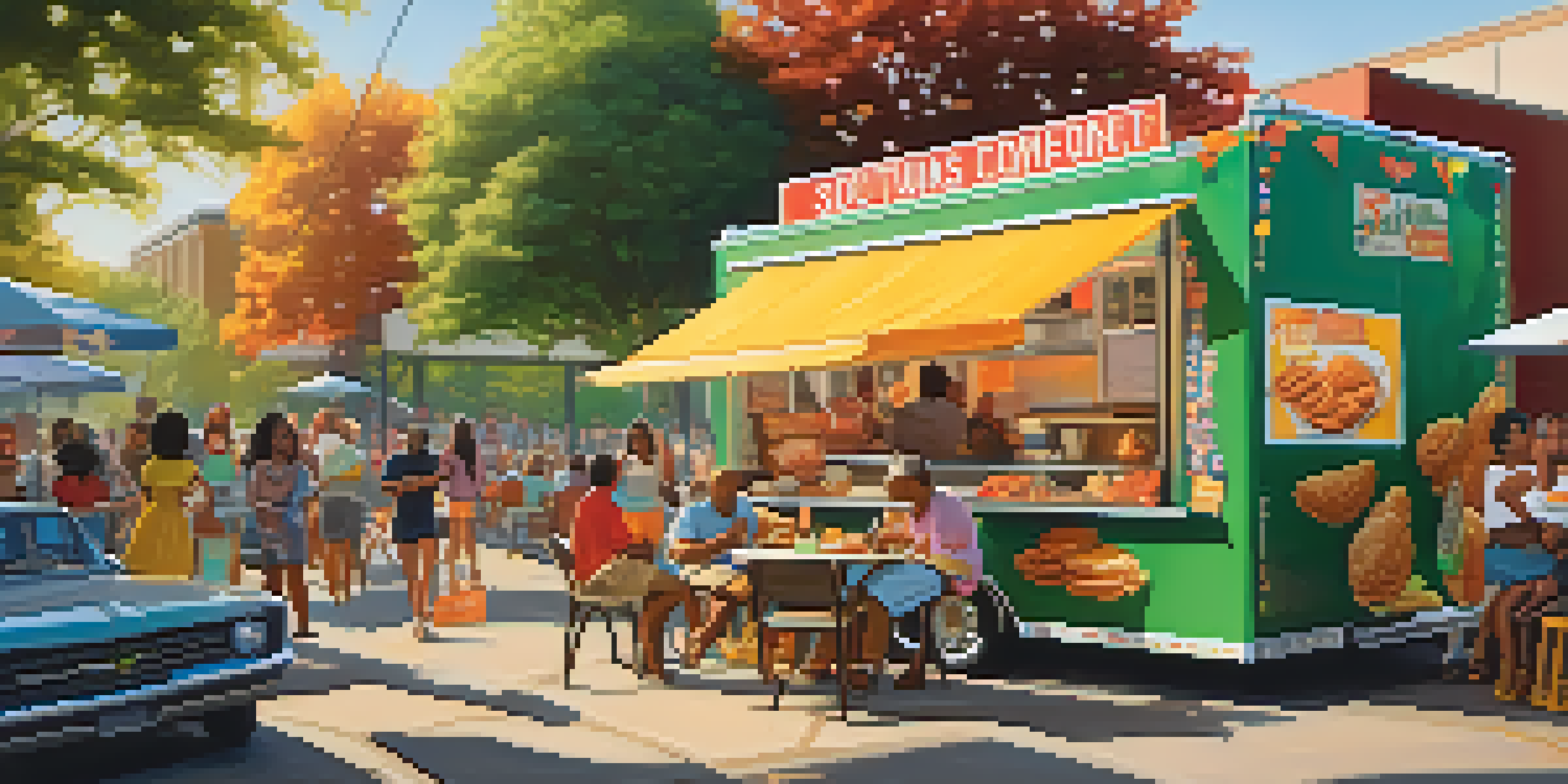 A busy Atlanta street with a food truck serving Southern comfort food, people enjoying their meals, and a sunny atmosphere.