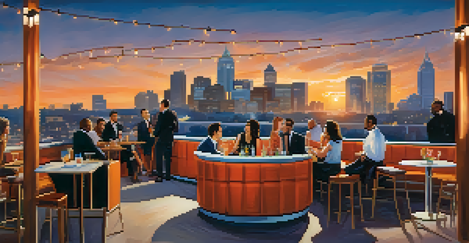 A rooftop bar at the Hotel Clermont with eclectic decor and panoramic views of the Atlanta skyline at sunset, guests enjoying cocktails.