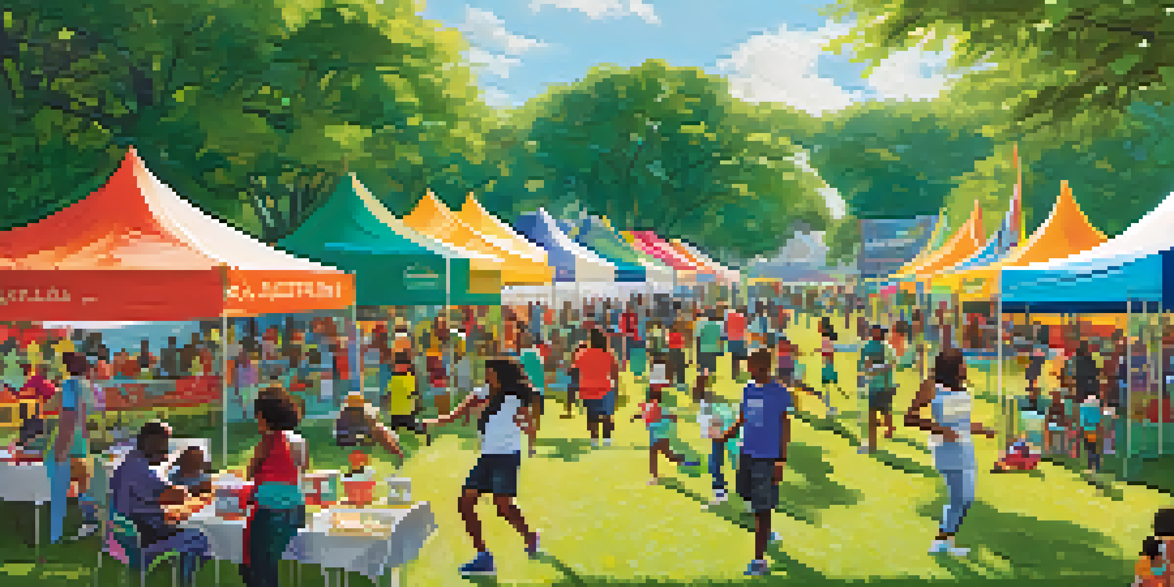 A community health fair in a park with diverse families participating in wellness activities, colorful tents, and greenery.