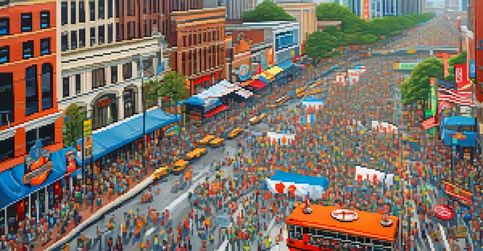 An aerial view of downtown Atlanta filled with fans heading to the stadiums on game day, with vibrant local vendors and decorated storefronts all around.
