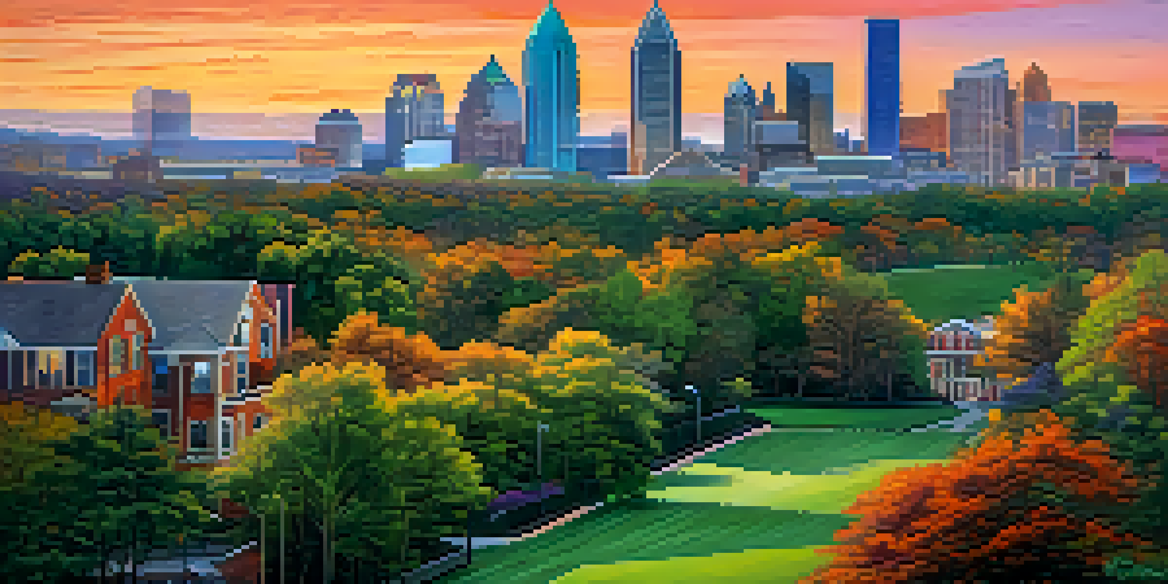 A panoramic view of Atlanta's skyline at sunset with vibrant colors and green parks in the foreground.