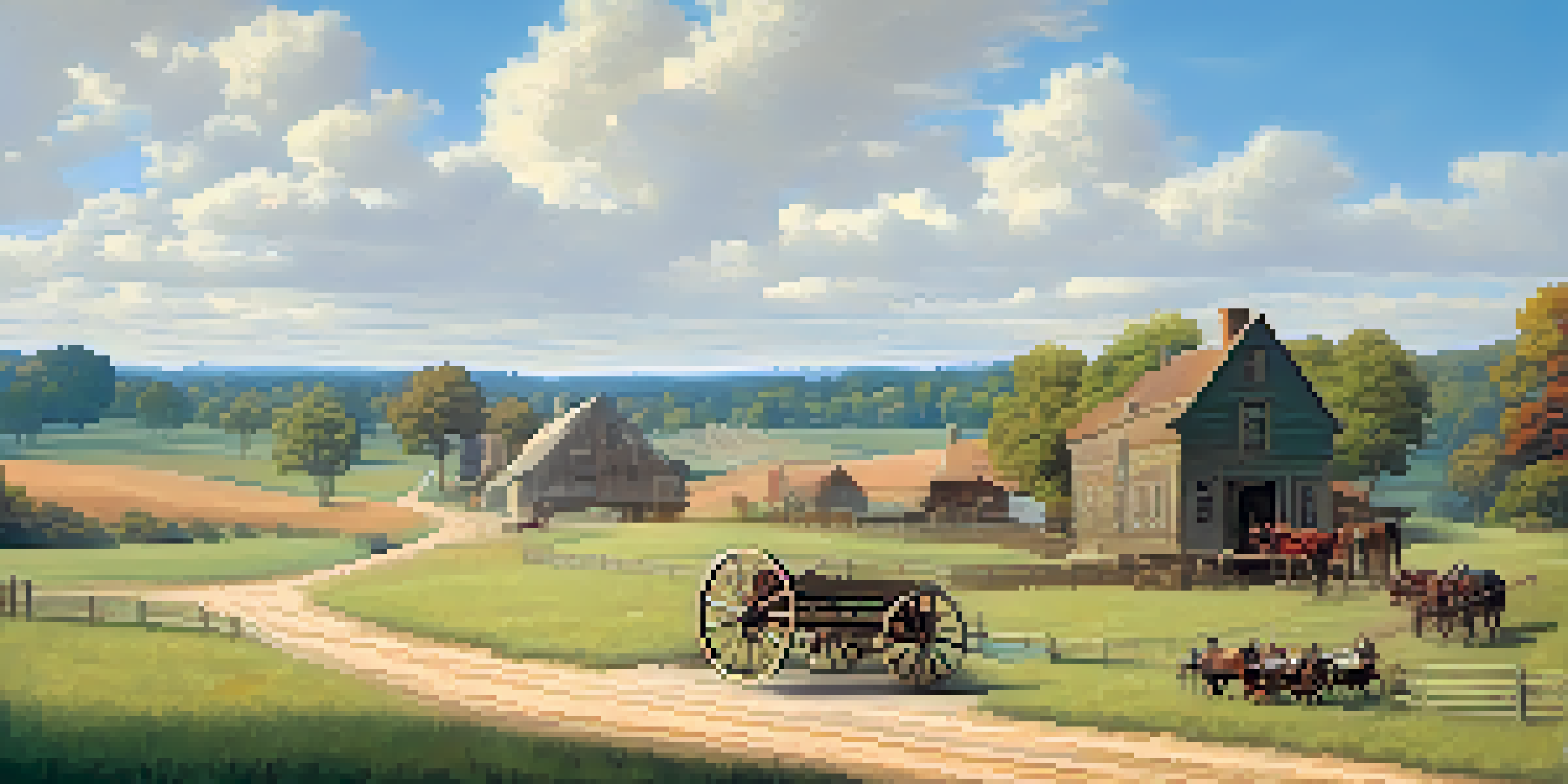 A serene landscape of early 1830s Atlanta, featuring horse-drawn carts, farmhouses, and dirt paths under a bright blue sky.