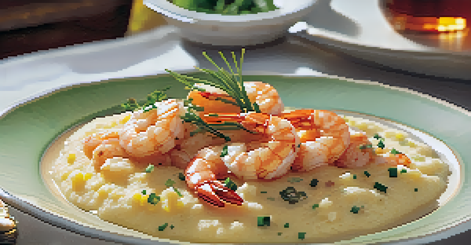 A plate of shrimp and grits garnished with herbs, with a glass of sweet tea in the background, illuminated by natural sunlight.